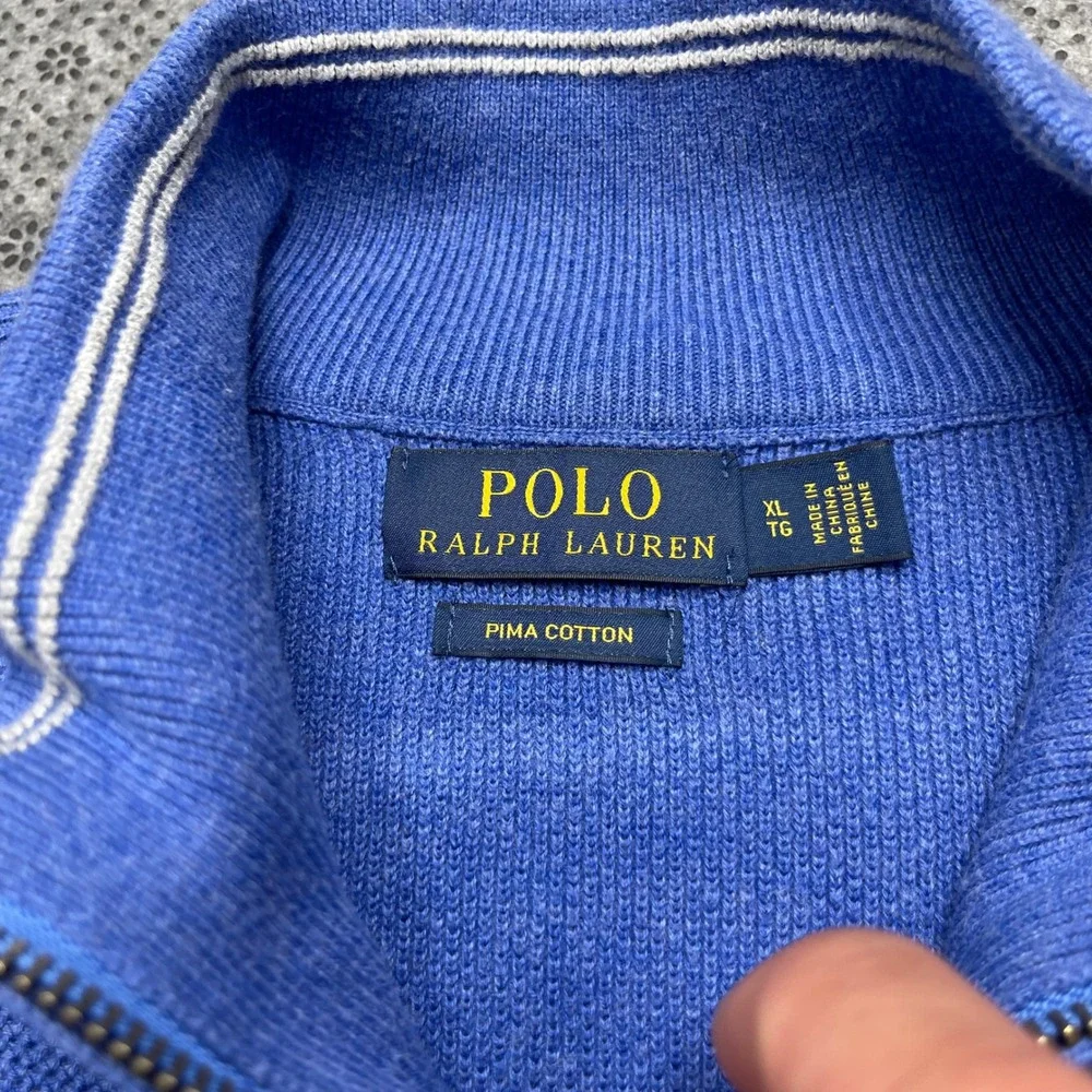 Polo Ralph Lauren Blue Pima Cotton Quarter Zip Sweater Mens XL Pony‎ Logo